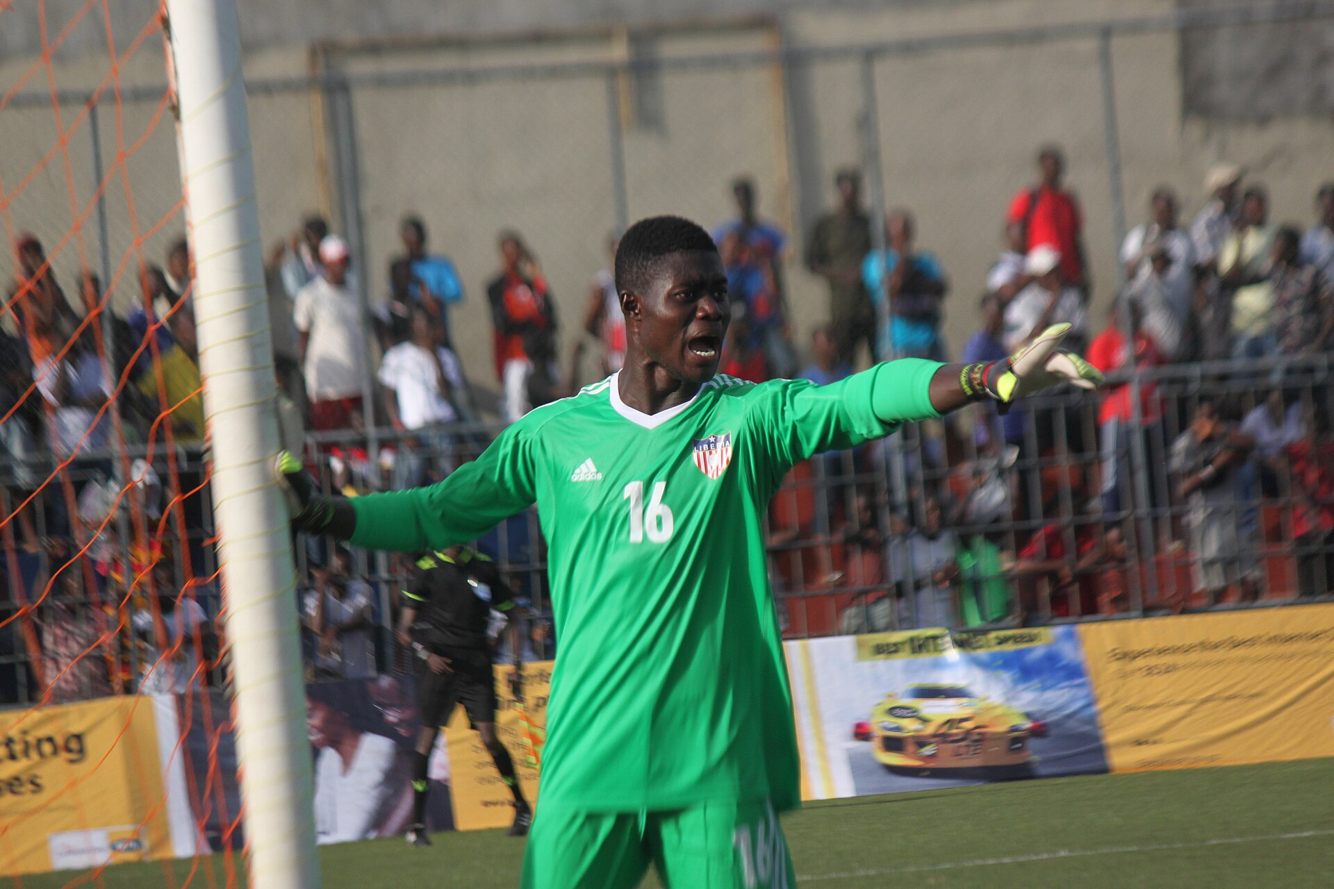 Ashley Williams in goalkeeper kit shouting instructions while playing for Liberia