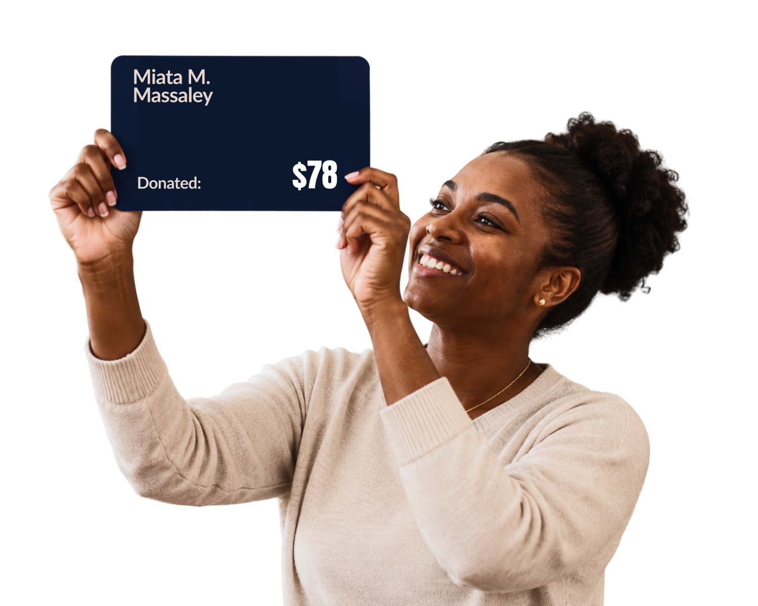 A Lone Star supporter smiling and holding up her donor card